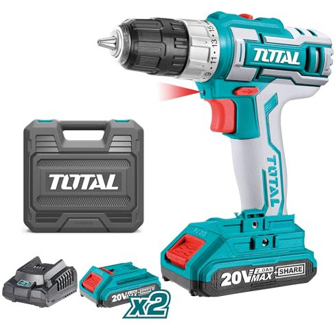 TOTAL - Trapano avvitatore a batteria P20S da 20 V | Mandrino automatico fino a 10 mm | 15 posizioni di serraggio e 1 trapano | 2 velocità e luce LED | Con 2 batterie 2 Ah, caricabatterie, valigetta