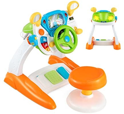 COSTWAY Lenkrad-Spielzeug, Interaktives Fahrspielzeug mit Hocker, Licht, Musik, Hupe, Megaphon, Kindergeschenk für Autofahrt, Lehrreiches Verkehrsspiel für Kinder im Vorschulalter