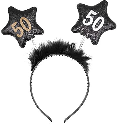 Decoraparty Haarreif mit Zahl 50 Jahre für Damen, zum Geburtstag, Jahrestag, Party, Krone, Stirnband mit Sternantennen, fünfzig, Glitzer, Unisex, Schwarz/Gold