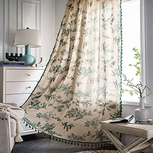 Lanqinglv Boho Vorhänge Grün Beige Blickdicht Blumen Gardinen mit Quaste Baumwolle Leinen Landhausstil Häkeln Stricken Gardinen Vorhang für Küche Wohnzimmer Schlafzimmer,1 Stück,B150xH200cm
