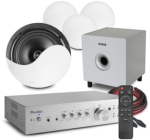 Power Dynamics Audizio 2.1 Bluetooth Ceiling Speaker System – AD220A Home Cinema Amplifier with 4x 6.5 NCSS6 Speakers, 8 White Subwoofer for TV & Music, Wireless & Wired Audio Connectivity