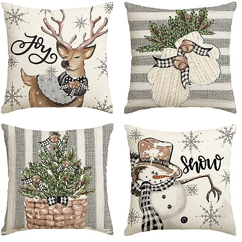Artoid Mode Schneemann Rentier Handschuhe Weihnachten Kissenbezüge 4er Set, 50x50 cm Zierkissenbezug Cushion Cover Couch Wohnzimmer Außenbereich Deko