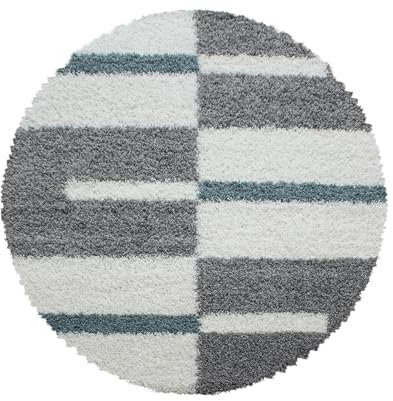 Carpettex Hochflor Teppich Wohnzimmer Shaggy Flokati Teppich Modern Kariert Design 200 cm Rund Türkis - Teppich Schlafzimmer Weich Flauschig Waschbar Teppich Küche Esszimmer - Langflor Teppiche