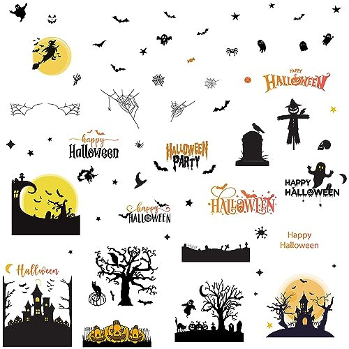 CRASPIRE 8 Hoja de 8 Estilos de Pegatinas para Ventana de Halloween, Gran Casa Encantada, Telaraña de Calabaza, Ventana, Pegatinas para Decoración de Pared, Pegatinas para Dormitorio, Sala de Estar