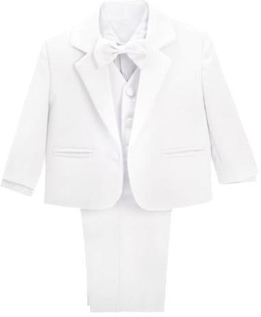Lito Angels Little Boy Formal Dress Suit Wedding Outfit Wear, 5 Pieces Set (Blazer, Shirt, Waistcoat, Trousers, Bow Tie) Age 4-5 Years, White, 057 (Tag Number 05)