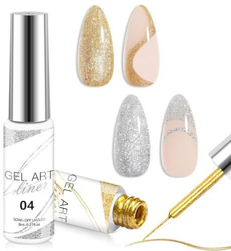 Glitter Gel Nail Polish Liner Set - 2PCS Gold & Silver Chrome Gel Nail Polish Liner Glitter - Metallic Painting Gel Liner Nail Polish Collection Drawing UV Liner Nail Gel