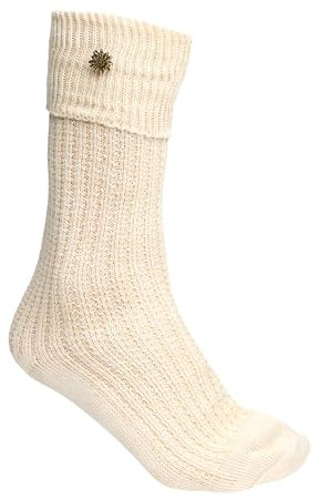 Steigenhöfer Manufaktur Trachtensocken Herren und Damen Lang – Klassische Trachtenstrümpfe im Zopfmuster – Oktoberfest Strümpfe aus Baumwolle für Männer & Frauen – Beige mit Edelweiß – 43-44