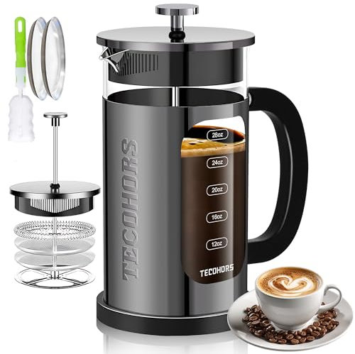 TECOHORS French Press Kaffeebereiter, 1 Quart 304 Edelstahl, mit 4 Filtersystem, hitzebeständiges Borosilikatglas, gebrühte Kaffeekanne (Hellschwarz)