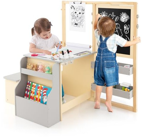 DREAMADE 3 in 1 Kindersitzgruppe, höhenverstellbares Kinder Tisch Stuhl Set mit Strauraum, Papierrolle, Ablagefächer & Bücherregal, Kinder Staffelei Maltisch Set für Kinder ab 3 Jahren (Grau)