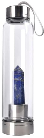 Queemie Natural Zafiro Cristal Vidrio Botella de Agua, Piedras Preciosas Centro Infundido Azul Marino Cuarzo Deportes Copa Obelisco Varita Energía Copa para Curación Bienestar
