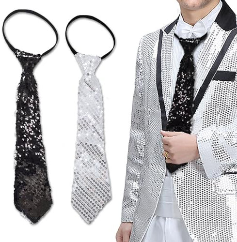 EUPSIIU 2 Stück Pailletten Krawatte, Glitzer Junggesellenabschied Accessoires für Damen und Herren, Glitzer-Krawatte mit Gummiband,Pailletten Kostüm für Disco Fasching Party Dance Performance (2PCS)