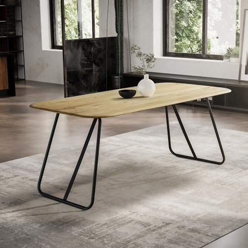 Lomadox Tisch Esstisch 160x90cm mit runder Kante, Wildeiche massiv geölt, Metallfußgestell