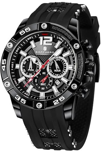 SAPPHERO Uhren Herren Quarzwerk Chronograph Datum Kalender Silikonarmband 30M Wasserdicht Schwarz Herrenuhren Armbanduhr Geschenke für Männer