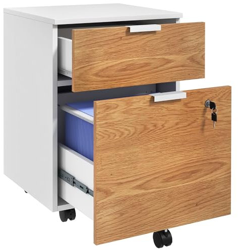 HOMCOM Caisson de Bureau, Meuble de Rangement 2 tiroirs 2 Barres de Suspension Dossier Suspendu, verrouillable 2 clés, 4 roulettes 42x40x60 cm Effet Bois Blanc et Naturel