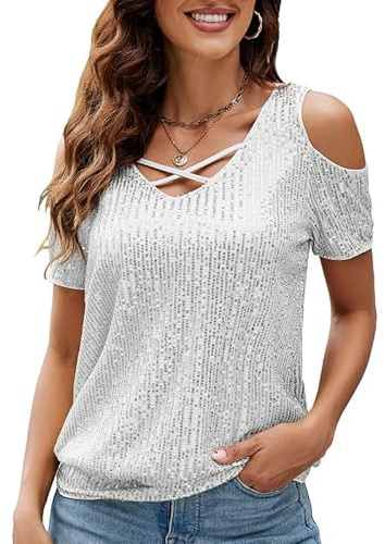 JASAMBAC Evening Tops for Women UK, Sequin Cross & V-Neck Cold Shoulder Festival Outfit, Ladies Going Out Glitter Tunic Sparkle Short Sleeve Dressy Blouse for Club Party, Silver