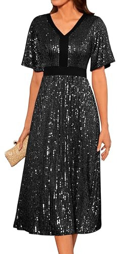 Women's Elegant Sequin Dress Short Sleeve Evening Dress V-Neck Swing Cocktail Dress A-Line Pleated Skirt Casual Dress Christmas Party L Black
