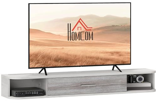 HOMCOM Mobile TV Sospeso con 2 Ripiani Aperti e Armadietto ad Anta Ribaltabile, Mobile Porta TV in Legno, 120x26x16 cm, Bianco e Grigio
