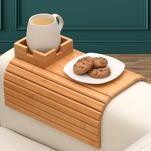 Soporte para tazas de bambú para sofá, bandeja para brazos y portavasos para bebidas y aperitivos, mesa para reposabrazos de sofá y bandeja para reposabrazos de sofá con bandeja para sofá, reclinable