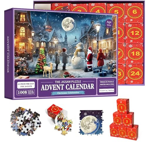 Puzzle Adventskalender 2024,1008 Teile Puzzles, 24 Tage Puzzles Für Countdown Bis Weihnachten,Weihnachten Puzzles Weihnachts Geschenk Für Jungen,Mädchen,Hausdekoration 70 X 50 Cm (blau)
