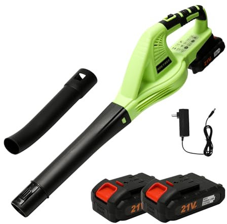 Soffiatore a batteria, soffiatore di foglie senza fili 21 V, batteria 1,5 Ah, 2 velocità, velocità massima 240 km/h (150 MPH), per la cura del prato, soffiaggio di neve (2 batterie 1 carica)