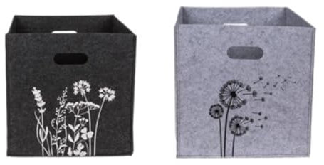LK Trend & Style Aufbewahrungsboxen aus Filz mit Löwenzahn-/Wildblumenmotiv, 32 x 32 x 32 cm, 2 Ausführungen (Grau + Anthrazit - 2 Boxen)