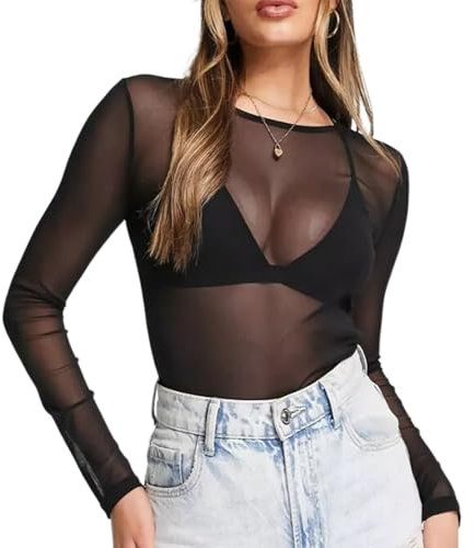 TUONYIS Maglietta Donna Trasparente Sexy Camicette Manica Lunga Maglie in Rete Maglie Eleganti Donna Nero Mesh Tops Clubwear T-Shirt in Tulle Tunica Bluse (IT Testo, Taglia Unica, Nero)