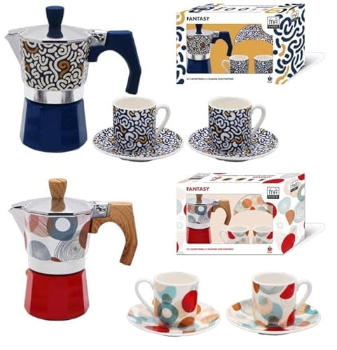 MA MAISON Set Caffettiera + 2 Tazzine per Caffè Porcellana e Alluminio Caffettiera Moderna a Fantasia Set Regalo Idea Regalo Pausa Relax (Fantasy - Blu o Rosso)