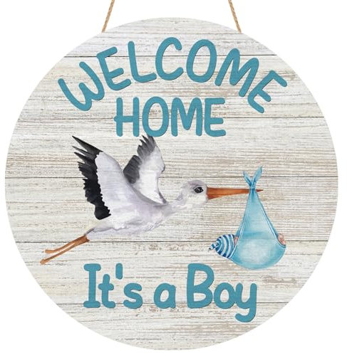 YINENA Welcome Home Baby Boy Türschild Holz Türhänger für Draußen Veranda Bauernhaus Neugeborene Geschlecht Offenbarung Storch Holz Indoor Wandbehang Dekoration