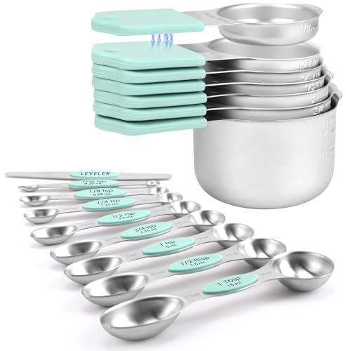 Magnetic Measuring Cups and Spoons Set-Heavy Duty 304 Stainless Steel，Double Measurement Markings，Set of 16 with Leveler for Measure Dry and Liquid Ingredients (Mint)