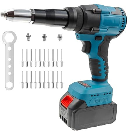 Pistola de Remaches a Batería, 400W Remachadora Eléctrica Sin Escobillas con luz LED para Remaches Ciegos de 2,4-5,0 mm, Incl Adaptadores para Remaches de 3.2/4.0/4.8 mm(Sin Batería)