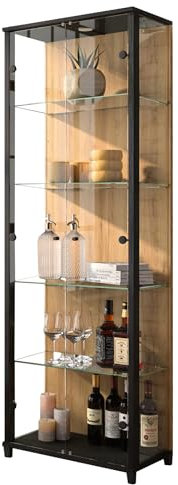 möbelando Vitrine >Optima< in Schwarz mit farblich abgesetzter Rückwand in Wildeiche-Dekor, inkl. LED-Spot-Beleuchtung, 2 Türen, 5 Fächer, vielseitig einsetzbar, 57,6x171,8x32cm (B/H/T)