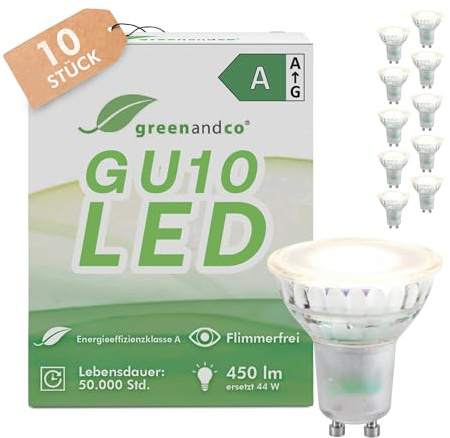 greenandco 10x GU10 LED | kaltweiß 6500K | ersetzt 44W | 2.5W 450lm | 36° | flimmerfrei | Energieeffizienzklasse A | 230V LED Spot | nicht dimmbar