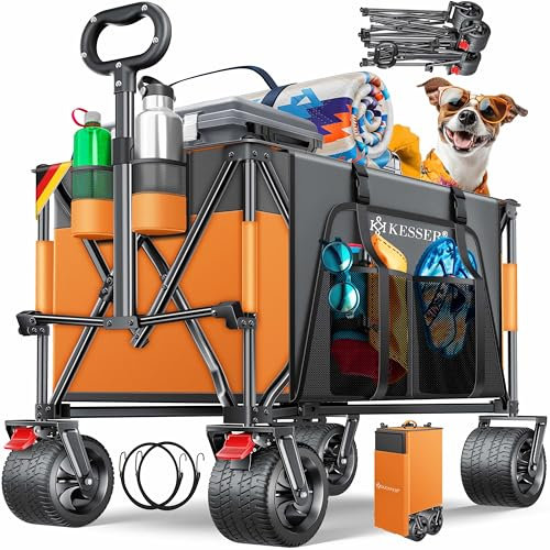 KESSER® Bollerwagen GTR9000 Handwagen 200Kg | 200L Stauraum Transportwagen faltbar extra breite 360° Räder & Feststell-Bremsen Wetterbeständig Strandwagen inkl Abdeckung, Seitentasche & Getränkehalter