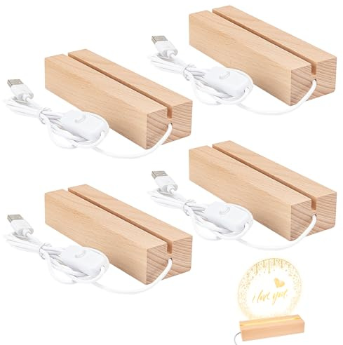 GOEDCH 4 unidades de bases de luz LED: 30 × 45 × 20 mm base LED, base de madera LED DIY con control de brillo y puerto USB, luz USB blanca cálida para bolas de cristal, placas acrílicas, figuras de