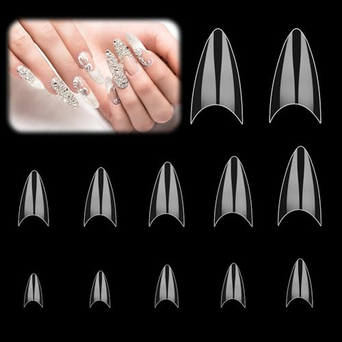 Bewudy 500 Pcs Short Nail Tips, Half Cover Stiletto Nail Tips, Almond Extensions Nails Tip Transparent Gel False Nails Almond Shape Point Press On Nails For DIY