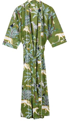 INDACORIFY Grüner Kimono mit Dschungel-Print, Loungewear-Kimono-Bademantel aus Baumwolle und Strandüberzug, lange Strandkleidung für Unisex