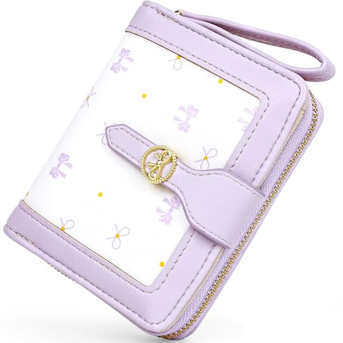 Busnos Geldbörse Damen Geldbeutel Klein Portemonnaie Damen Mini Portmonee for Women Geldbörsen Schleife in Violett mit Münzfach und Kartenfächern | Geldbeutel aus PU Leder