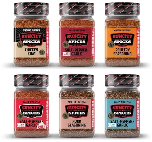 SunCity BBQ Rub – 6x 250g Gewürzmischung für Pulled Pork, Ribs, Brisket & Chicken – BBQ Rub Set – Grillgewürz - All Star Box