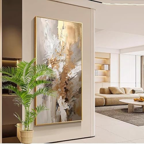 UUDEZO Golden & Weiß strukturierte Wandkunst Poster Leinwand Gemälde groß modern abstrakt einfach aufzuhängen Schlafzimmer Dekor (100x200cm/(39x79inch)/mit Goldrahmen)