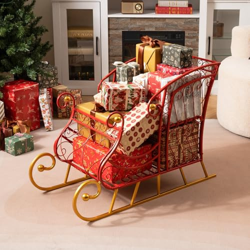 GOPLUS Deko Schlitten Weihnachten, Weihnachtsschlitten Metall, Weihnachtsdekoration mit 2-stufigem Stauraum, Weihnachtsdeko groß Outdoor, Dekoschlitten, Weihnachtsmann-Schlitten für Zuhause & Büro