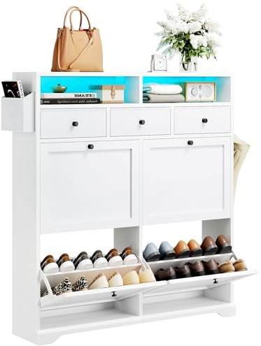 Dripex LED Shoe Cabinet with 4 Flip Drawers, Adjustable Shelf, for Entryway | Shoe Cupboard with 3 Fabric Drawers & 2 Open Space, Anti-Tipping Device, Ample Storage