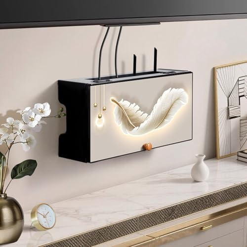 TgrGiEDenLO Caja Router Pared, Caja de Almacenamiento para Router WiFi con decoración de Plumas, Organizador con Tapa abatible Visible(40cm/18.7in)