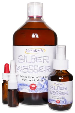 NanoKraft Kolloidales Silber 50 ppm 1000 ml – Silberwasser im Braunglas | Aus 99,99 % Reinsilber, laborgeprüftes Verfahren, goldgelb, Made in Austria – Set mit Sprühflasche, Pipette & E-Book