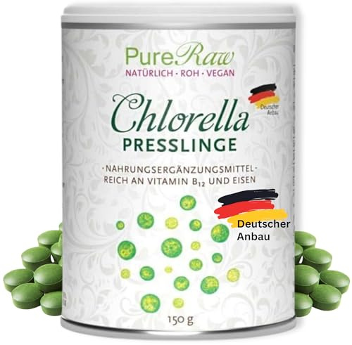 Chlorella Tabletten Presslinge aus Deutschland - Regional, Rein & Kontrolliert (Roh Vegan) Chlorellaalgen reich an Vitamin B12 Eisen Spermidin Chlorophyll - Chlorella Vulgaris Tablets PureRaw 150g