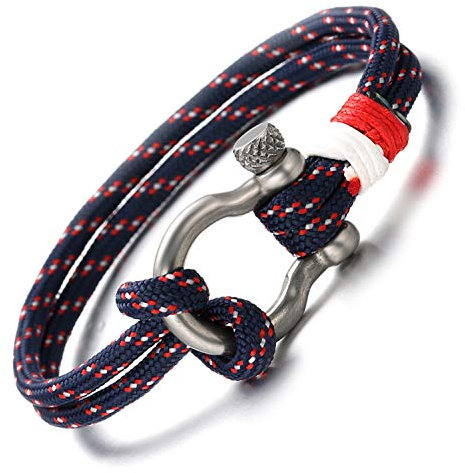 HALUKAKAH ● Vela ● Bracciale Uomo Corda in Nylon Multistrato Blu Scuro Fatto a Mano Chiusura a Vite Argento 8.26(21cm) con Pacco Regalo Gratuita