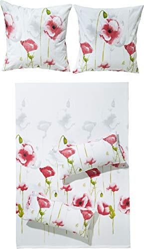 Erwin Müller Bettwäsche-Set Seersucker Mohnblume, Bettbezug, Kissenbezug rot-grün-weiß Größe 80x80 cm / 135x200 cm - temperaturausgleichend, bügelfrei, pflegeleicht, mit Reißverschluss