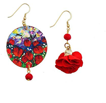 Orecchini dipinti a mano – TULIPANI ROSSI ASIMMETRICI- Orecchini da donna, Gioielli dipinti a mano, Gancio in argento, Made in Italy, Lavorazione Artigianale, Arte Lisanti