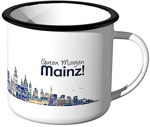JUNIWORDS Emaille-Tasse, Guten Morgen Mainz, Skyline Nachtlichter, Silberner Tassenrand