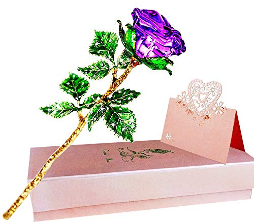 Rose violette cadeau pour elle, fleur de rose en cristal avec carte cadeau, rose galaxie avec feuilles vertes, rose infinie en verre K9, cadeau unique pour femme pour Thanksgiving, Noël, mariage,