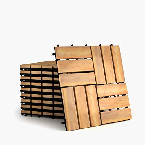 COSTWAY 10er Set 30x30cm Terrassenfliesen Holz, Bodenfliesen Akazienholz, Holzfliesen Bodenbelag, Klickfliesen Braun (12 Latten)